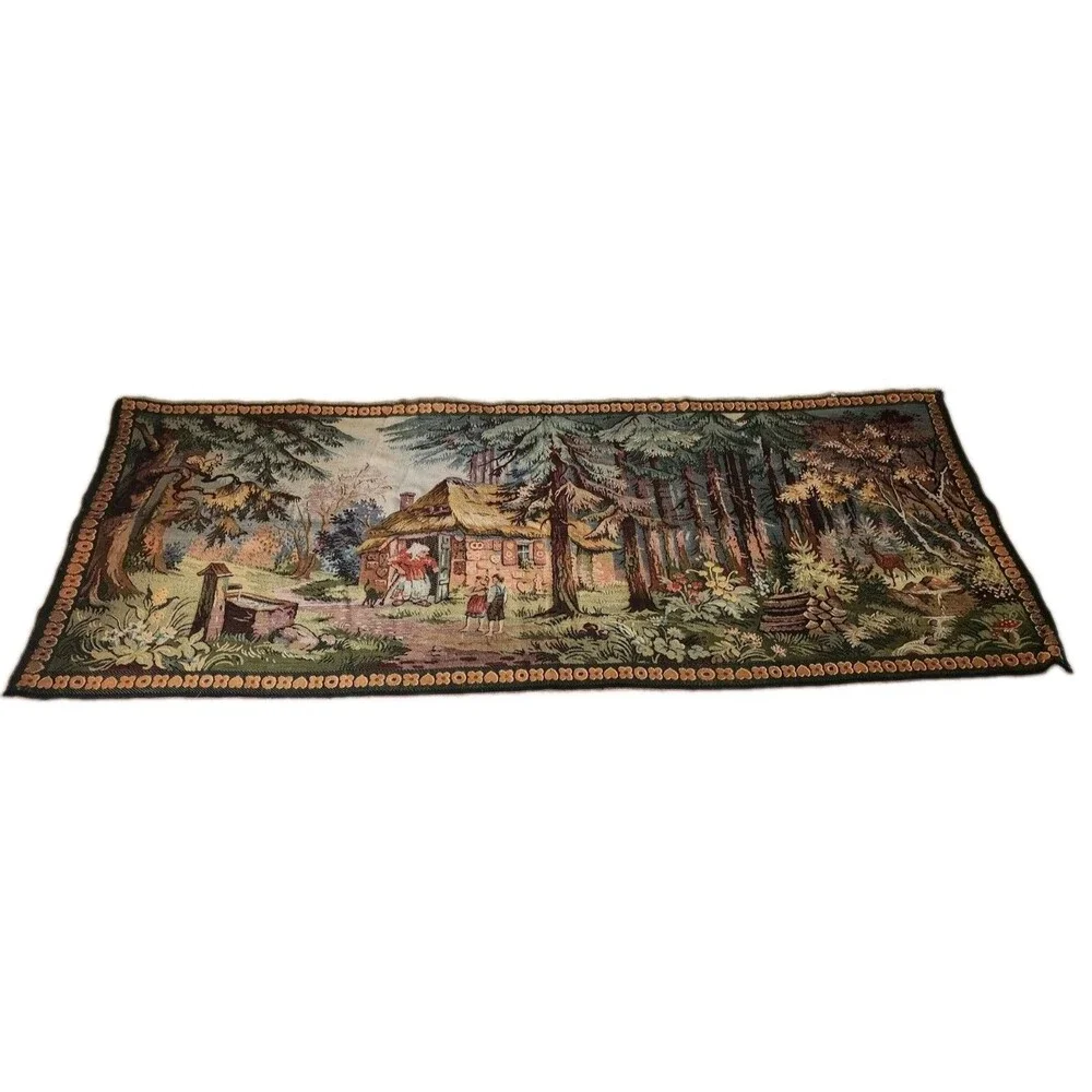 Vintage German Black Forest Gobelin Tapestry Wall Hanging Cottage Deer 50